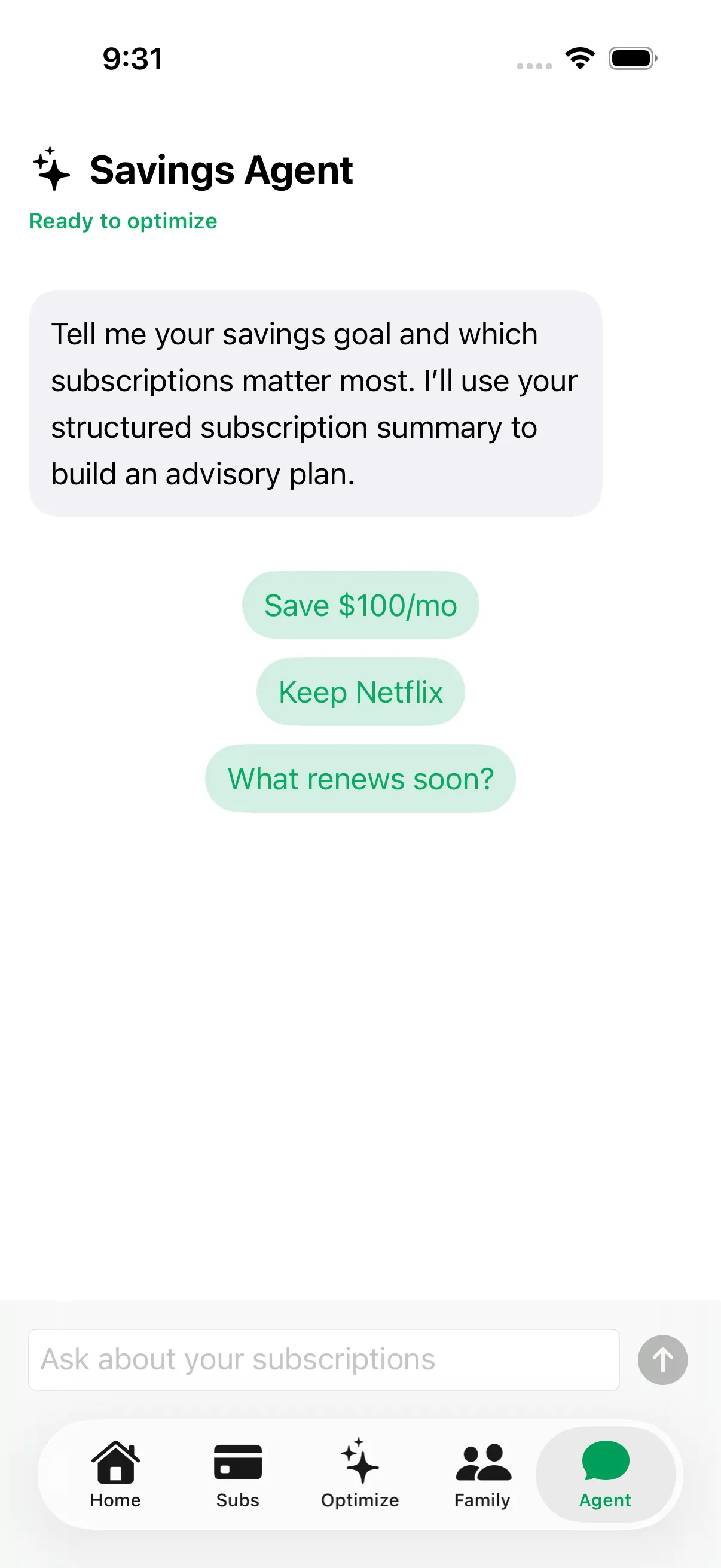 The Subwise Savings Agent offering goal-based prompts for an advisory savings plan.