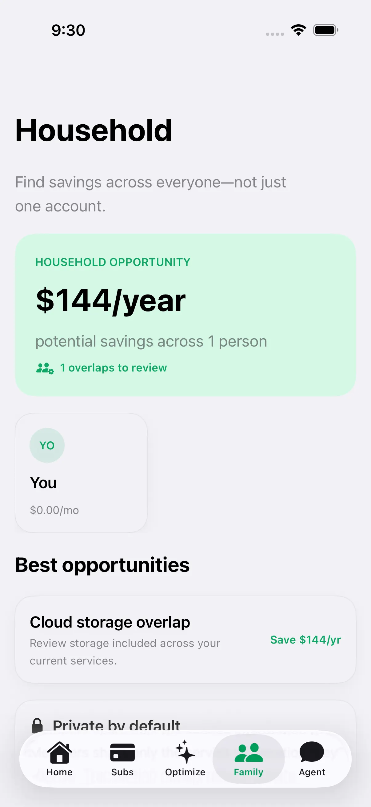 The Subwise household screen showing private shared savings opportunities.