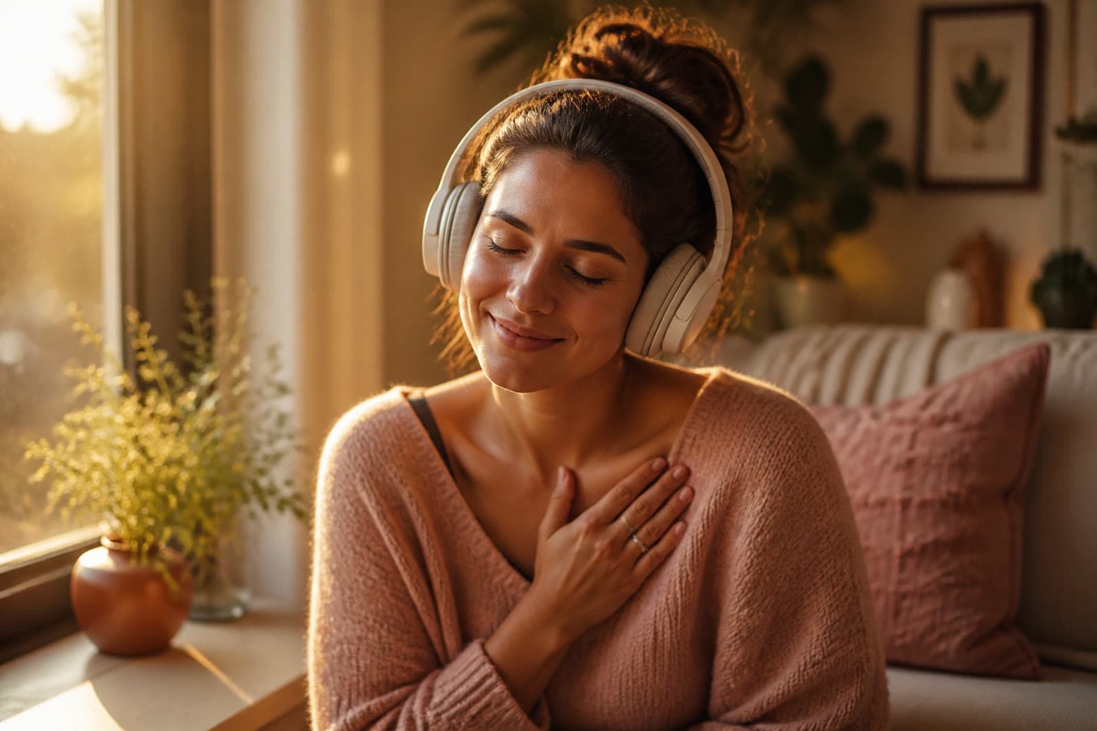 A woman listening to a personalized song on headphones in warm evening light.